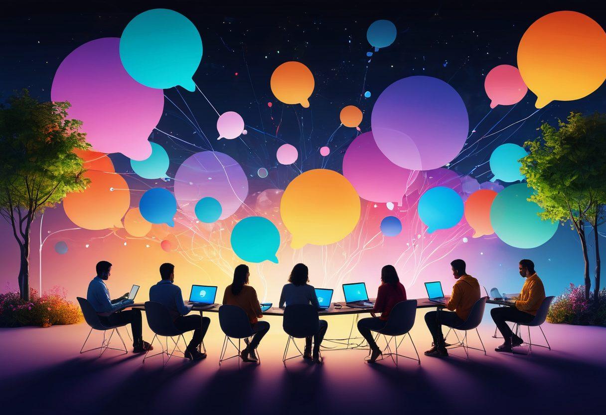 A vibrant digital landscape filled with diverse people interacting on various devices, sharing ideas and creativity in an online community. Encircled by warm light and elements symbolizing engagement, like chat bubbles and connected nodes, the scene conveys a sense of connection and collaboration. Include a backdrop of imaginative content such as art, articles, and videos flowing through the air. super-realistic. vibrant colors. digital art.