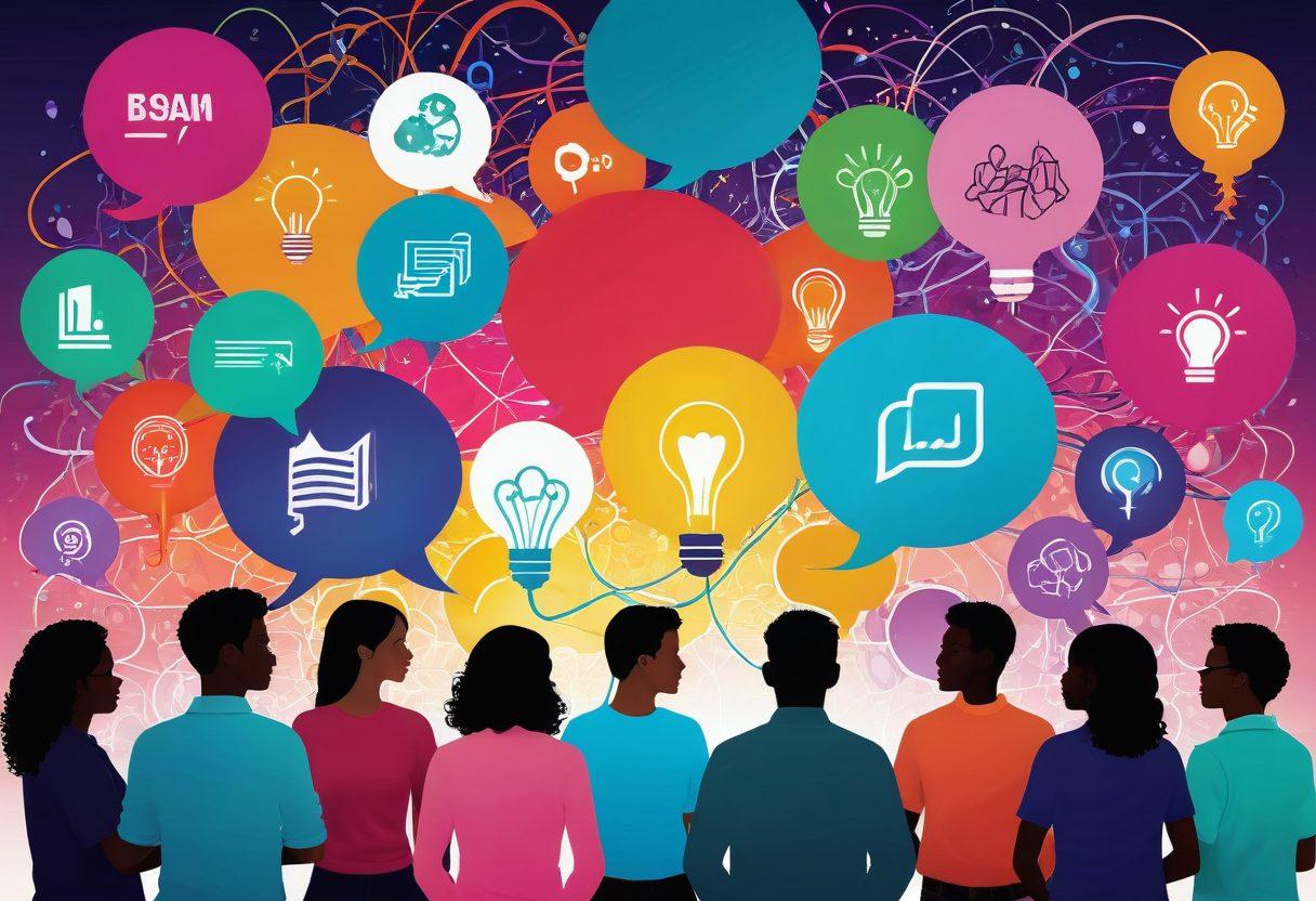 A vibrant, interconnected digital network visualizing diverse groups of people exchanging ideas and information. Showcase a collage of colorful speech bubbles, symbols of knowledge like books and lightbulbs, and various technological elements representing dynamic interaction. Include a globe in the background to symbolize global community, with glowing lines connecting different regions. modern flat design. bright colors. 3D elements.