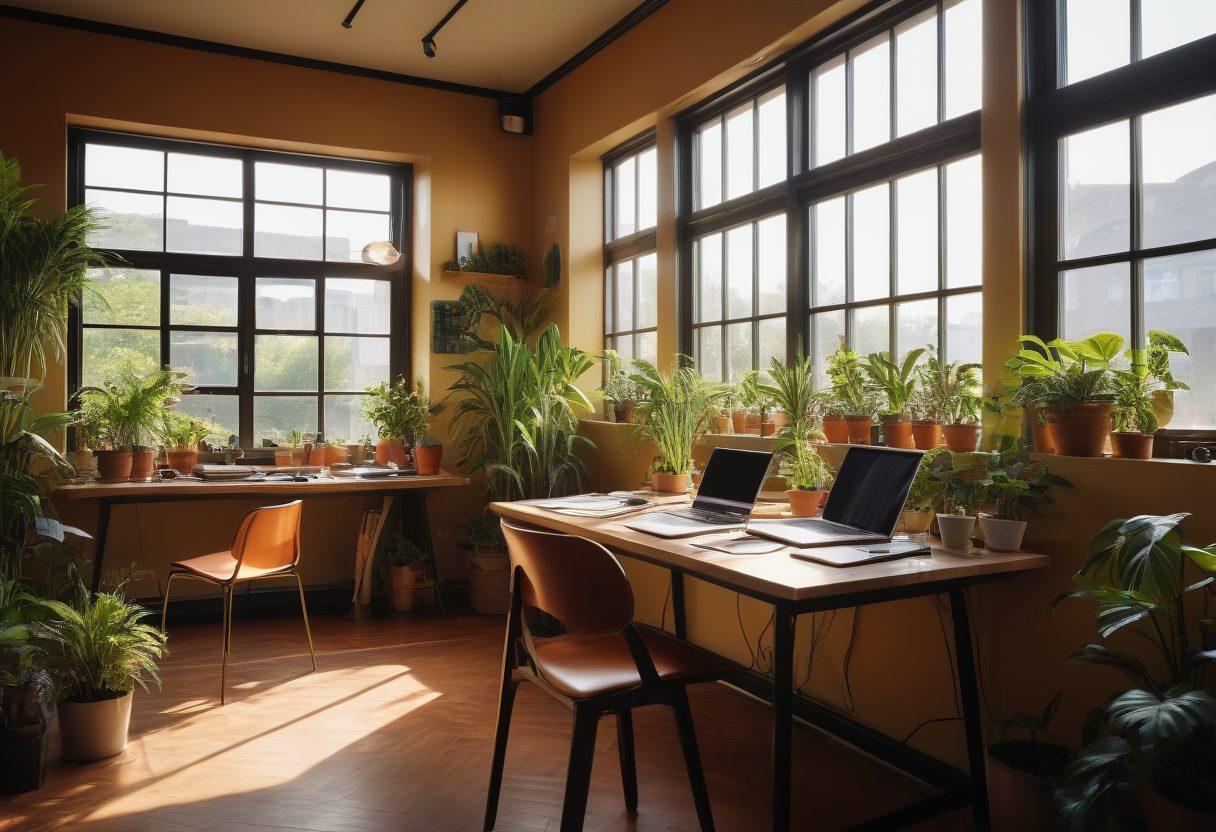 A dynamic workspace filled with creative tools like notebooks, laptops, and cameras, emphasized by colorful notes scattered around. A diverse group of content creators engaged in lively discussions, brainstorming ideas, with a large digital screen displaying analytics and statistics. Bright indoor plants provide a fresh atmosphere, and sunlight streams through a window, enhancing the focus on collaboration and inspiration. super-realistic. vibrant colors. warm lighting.